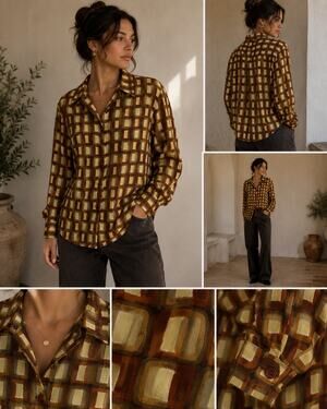 Vintage Janette USA Geometric Sheer Button Up Blouse Brown Retro Y2K Women's M